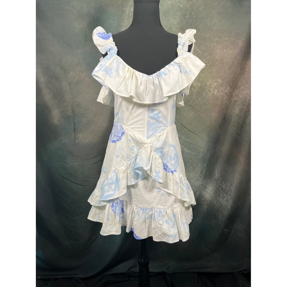 Sabo Skirt Blue White Floral Ruffle Mini Dress US 6 Cotton Tiered Off Shoulder